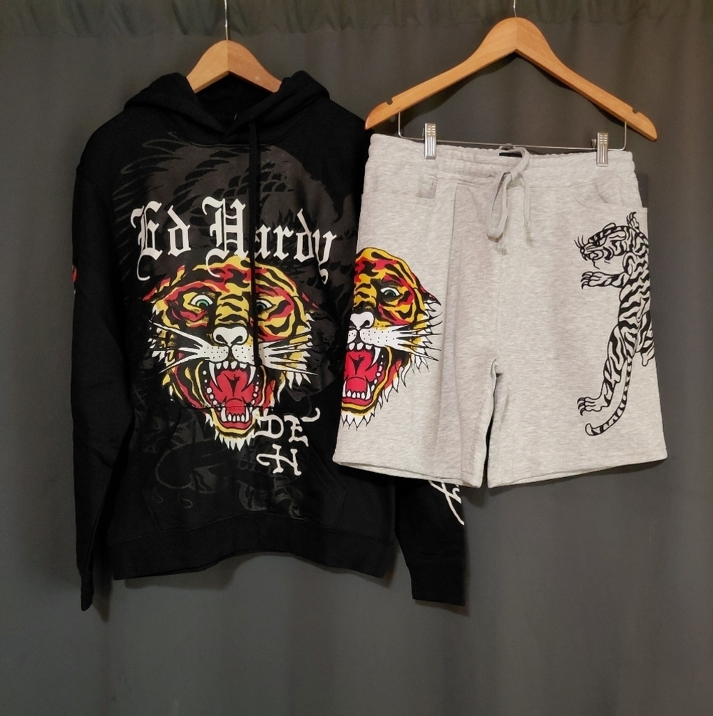 Ed Hardy Y2K Black Tiger Tattoo Heart Hoodie and Gray Shorts Set NWT